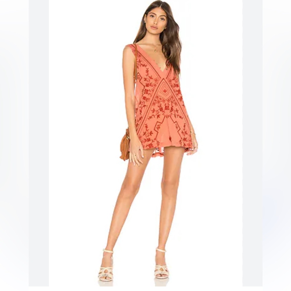 Free People Sweetest Shifty Slip inTerracotta Embroidered Coral Dress Size M